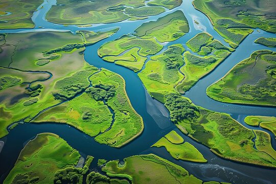 Aerial view of a delta with distributary channels