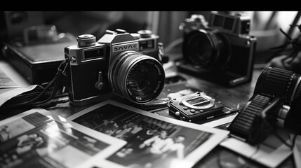 A black and white photo of a camera and a few pictures
