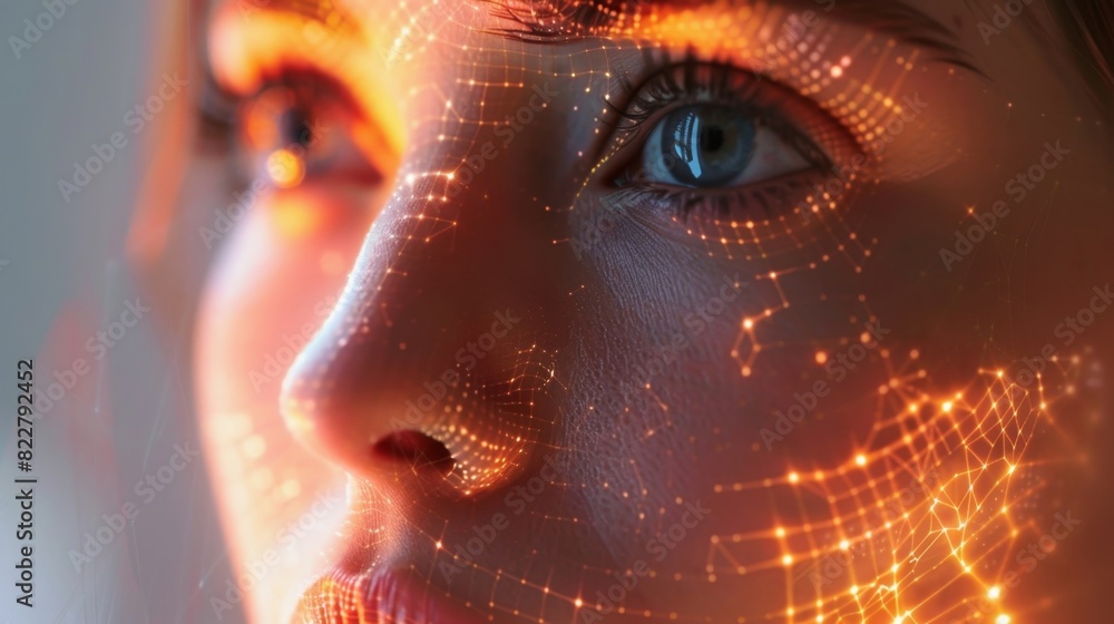 Poster a virtual image of a persons face morphs into a more youthful version as they try out an augmented r