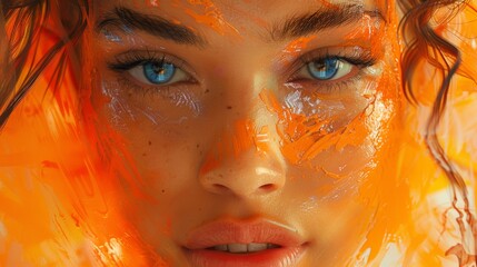 An abstract portrait, featuring orange bold brushstrokes and unexpected shapes.