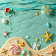 Summer holiday background. top view 3d beach clay style, copy space for your text.