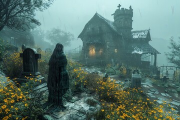 Detailed Animated Witch in Graveyard Night - Dark Fantasy Tombstone Scene
