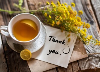 Cup of tea with lemon and yellow mimosa flowers on the table, next to it is an envelope written in black ink saying "Thank you." - Powered by Adobe