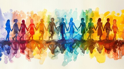 Cartoon watercolor painting of diverse LGBTQ characters holding hands, depicted in a minimalist style with simple, fluid lines and vibrant colors Generative AI
