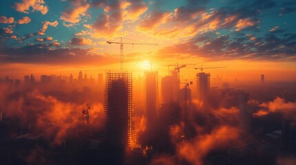 Sunset Over Urban Construction Site