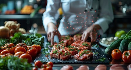 Professional photograph of an urban skyline background with a closeup shot of the hands and legs of women in white coat, using digital tablets to burns chart food