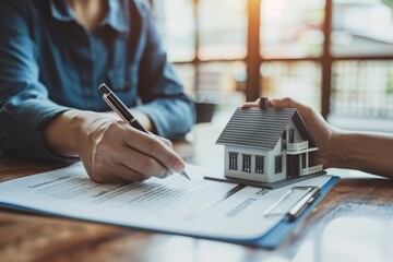 A real estate agent is pointing at a house model on top of a contract while their customer holds a pen to sign the document.