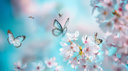 Elegant Spring Scene with Delicate Blue Butterflies and Pink Sakura Blossoms, Capturing the Tranquil and Graceful Beauty of Nature in Full Bloom