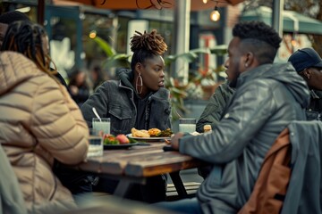A diverse group of friends dine at an outdoor cafe, enjoying burgers and drinking beer together.