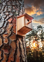 Woodland Haven: Birdhouse in the Sunset Glow