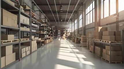 modern warehouse interior with shelves pallets and boxes 3d illustration
