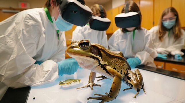 As part of their biology class students use an augmented reality simulation to dissect a virtual frog.
