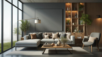 Fototapeta premium Modern Minimalist Living Room with Gray Sectional Sofa and Stylish Decor