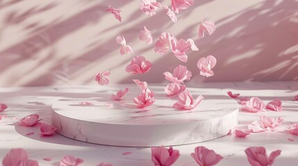 pastel pink peony petals falling on marble podium 3d product render