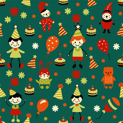 children surrounded by toys, balls and sweets on a green background