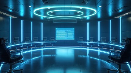 Futuristic Neon-Lit Boardroom Ready for High-Tech Corporate Meetings