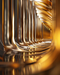 A long hallway with gold colored columns