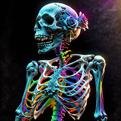 human skull with skeleton on black