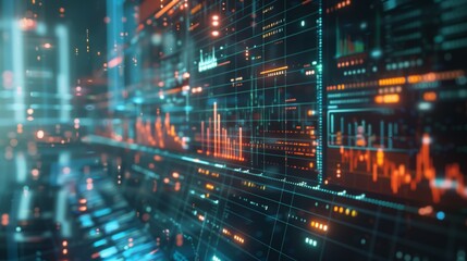 A vibrant digital representation of stock market data on a modern, futuristic display with glowing graphs and numbers