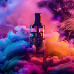 An e-cigarette emerges from a vibrant and colorful cloud of vapor smoke on a dark background