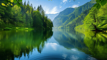 beautiful lake in green forest, relaxing landscape wallpaper 