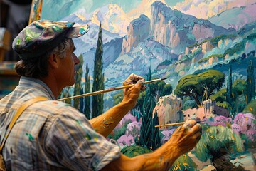 Photorealistic Mountain Painting: Vibrant Canvas Closeup Scene