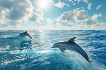dolphins in the ocean swimming and jumping, bright sunny day