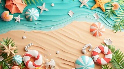 Fototapeta premium Summer holiday background. top view 3d beach clay style, copy space for your text.