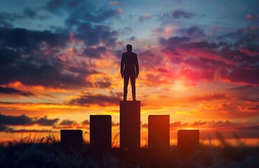 Silhouette of a businessman climbing a bar graph at sunset, representing the concept of business success.