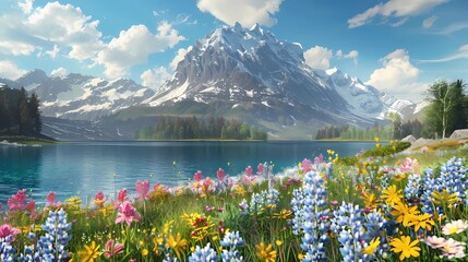 A 3D rendering Alps, blue lakeside meadows, and wildflowers at the foot of the mountain, warm colors, Generative AI illustraions. 
