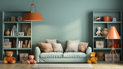 A cozy and inviting living room with a soft couch, bookshelves, and a variety of toys and decorations.