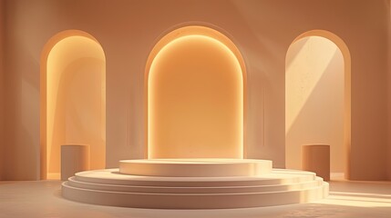 Warm light on beige background Close-up front view of 3D product mockup scene