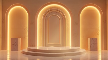 Fototapeta premium Elegant 3D scene featuring arched door pedestals in soft light