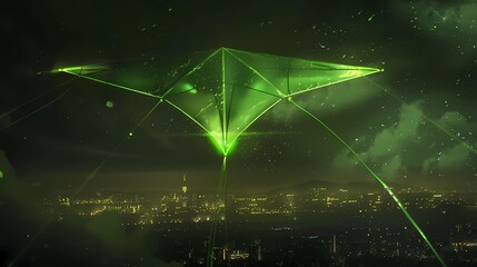 A fluorescent green kite, front view, clean inside of the kite emits fluorescent green light, glowing fluorescent green against the background, Generative AI illustrations.