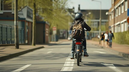 Fototapeta premium A traffic road at the entrance of a primary school campus, featuring a childrens was riding bike with wearing a helmet, Generative AI illustrations. 