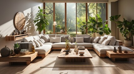 Fototapeta premium Bright and airy living room with large windows, comfortable seating, and stylish decor. Perfect for relaxing or entertaining guests.