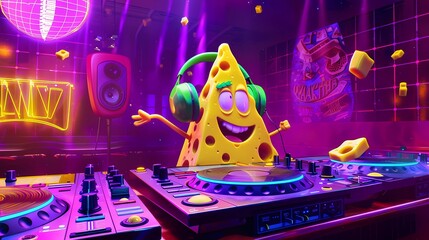 An animated triangle cheese, personified with a friendly and enthusiastic expression, is portrayed as a DJ in a lively, Generative AI illustrations. 