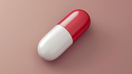 Red and white capsule pill on pink background