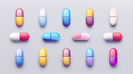 Variety of colorful pills on neutral background