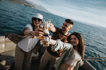 Joyful friends enjoying a beer together on a lake trip, embodying relaxation and happiness during...