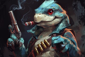 Vaporwave Yoshilike Character with Red Eye Holding Vulcan Machine Gun and Cigar: Digital Painted Chaos