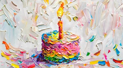 Obraz premium a painting of a cake with a lit candle, Generative AI illustrations.