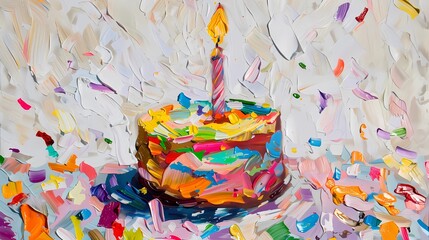 a birthday cake with a lit candle, Generative AI illustrations.