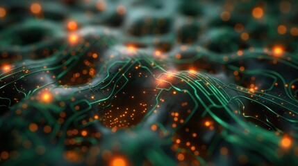 Futuristic Glowing Circuit Board with Green and Orange Lights