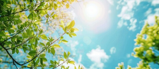 Obraz premium Beautiful blurred background image of spring nature with surrounded by trees against a blue sky with clouds on a bright
