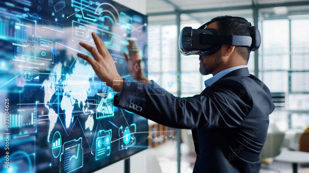 Aufkleber a businessman using a virtual digital business management system through augmented reality technolog