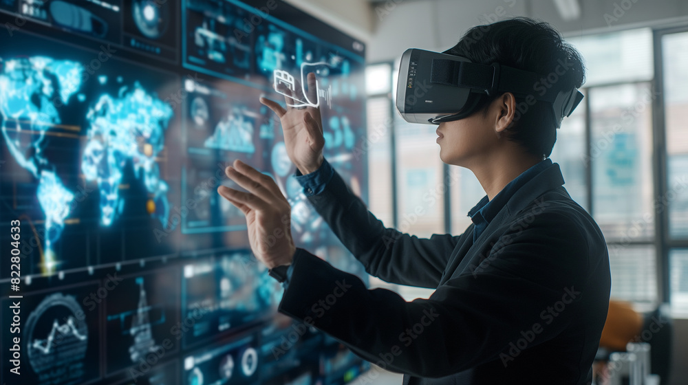 Aufkleber a businessman using a virtual digital business management system through augmented reality technolog