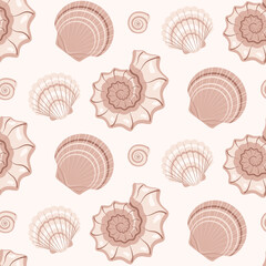 Seamless pattern with Sea shells on white background in cartoon style. Vector illustration for fabric, textile, wrapping paper, wallpaper, stickers, notebook cover.