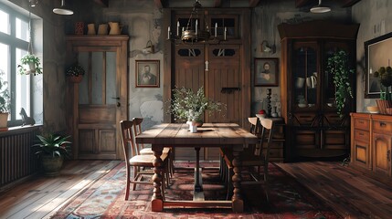 Rustic dining room with a wooden table and vintage chairs