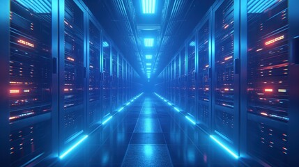 Futuristic Data Center with Illuminated Server Racks